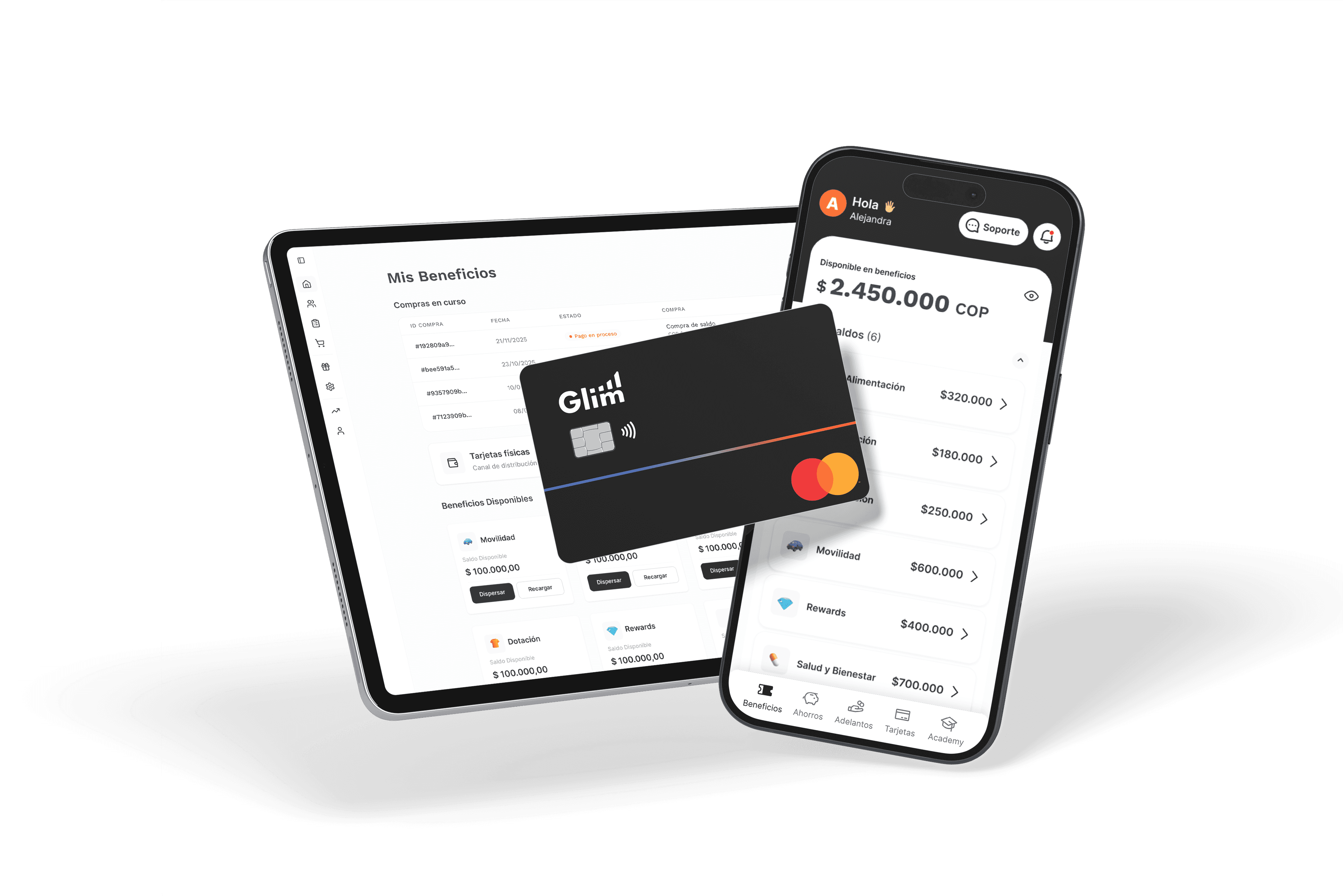 Portal Glim, app móvil con tarjetas de beneficios, tarjeta Mastercard y badges Apple Pay, Google Pay, Mastercard y OpenAI