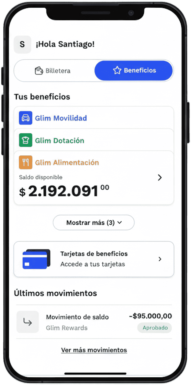 Pantalla de inicio de la app Glim mostrando el banner de Tarjetas de Beneficio