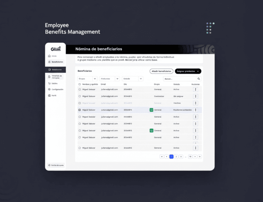 Dashboard principal mostrando nómina de beneficiarios